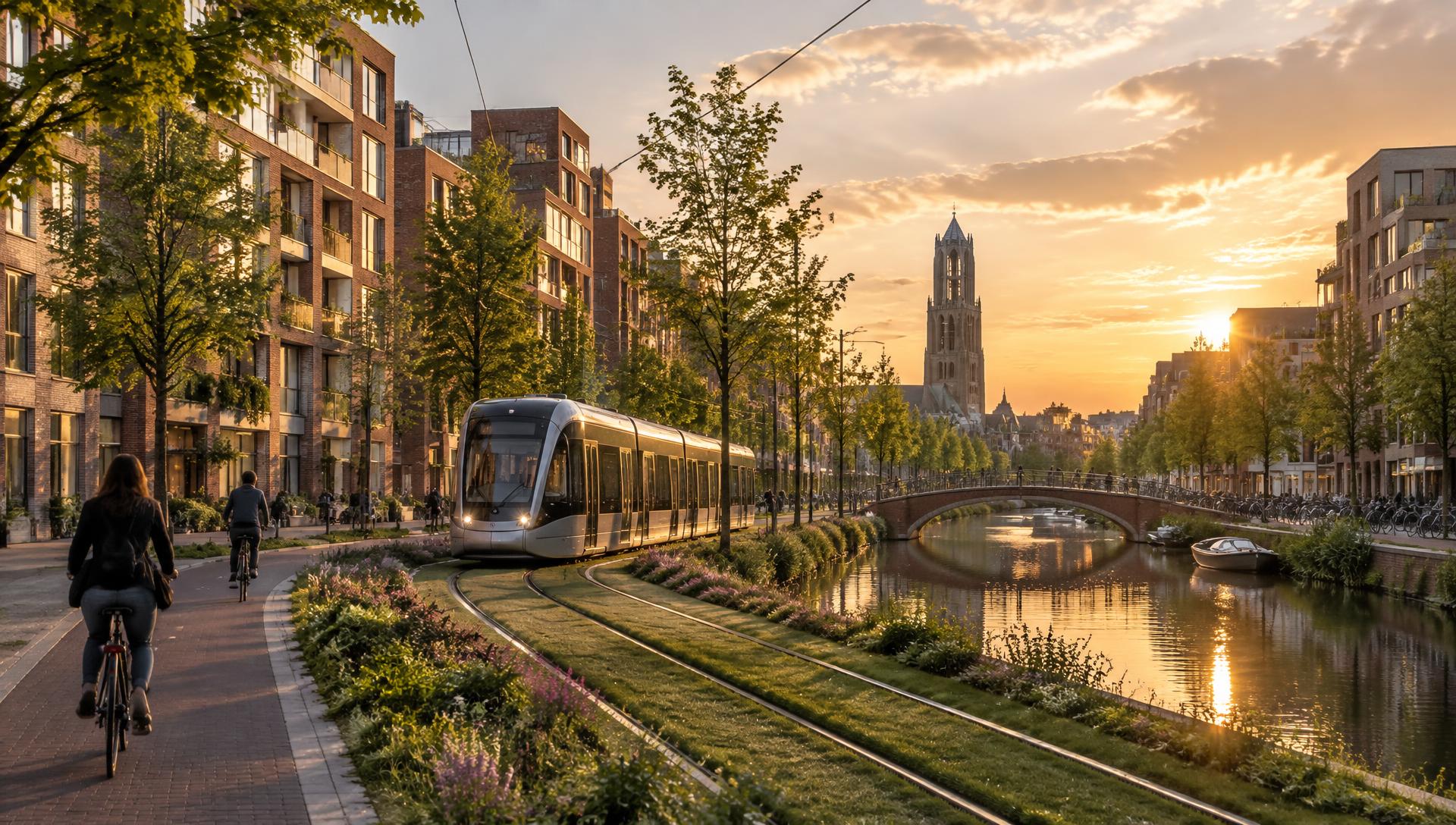 Tram rijdt langs een gracht in een nieuwe Utrechtse wijk